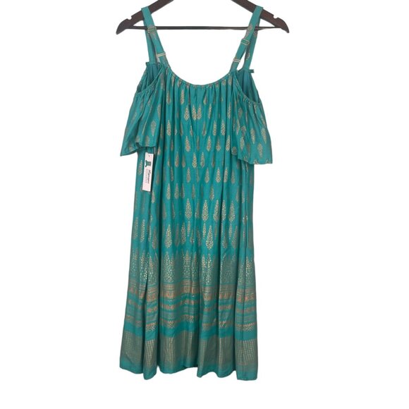 NWT Lapogee Bohemian Dress SZ Large Teal Gold Indian Off Shoulder Boho Tassel - Picture 6 of 7